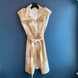 Brown and white tie-dye button up dress with tie
